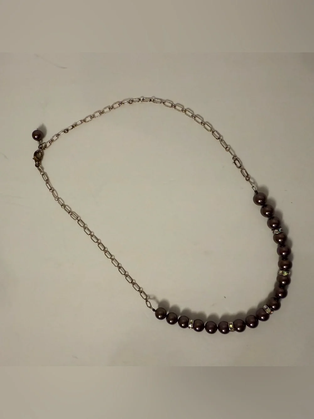 NECKLACE BROWN PEARLS WITH RHINESTONE RONDELLS ROSE GOLD COLOR CHAIN 19”